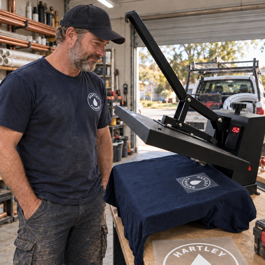The owner at the heat press in the shed, navy work tee on the platen, crew logo transfer in place
