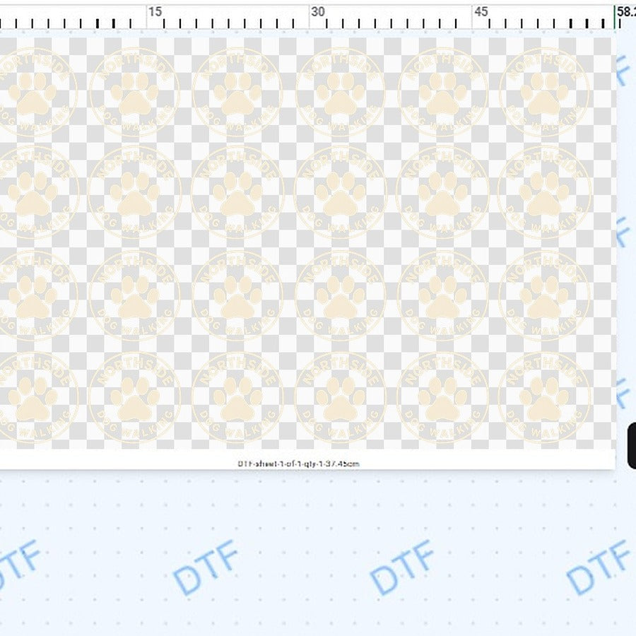 Twenty-four 9 cm logos laid out in the gang sheet builder, 37.45 cm of sheet