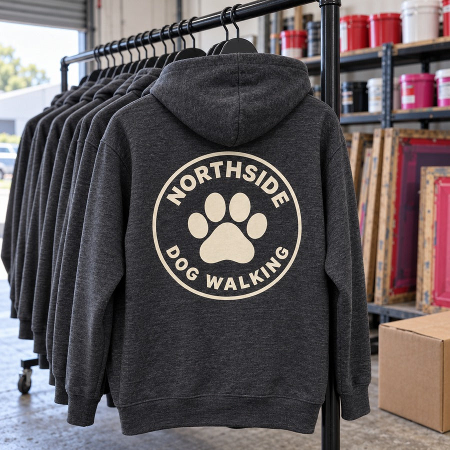 The dog walker job on the rail, twenty hoodies with the logo on the back