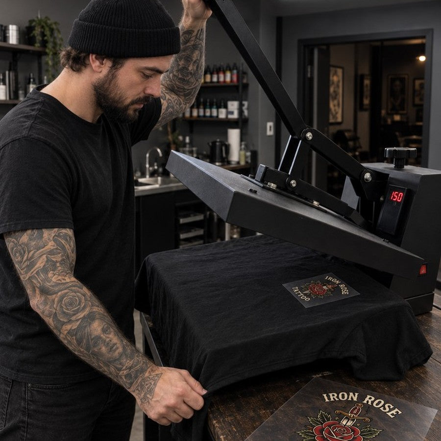 The studio artist at the heat press, black tee on the platen, Iron Rose transfer in place