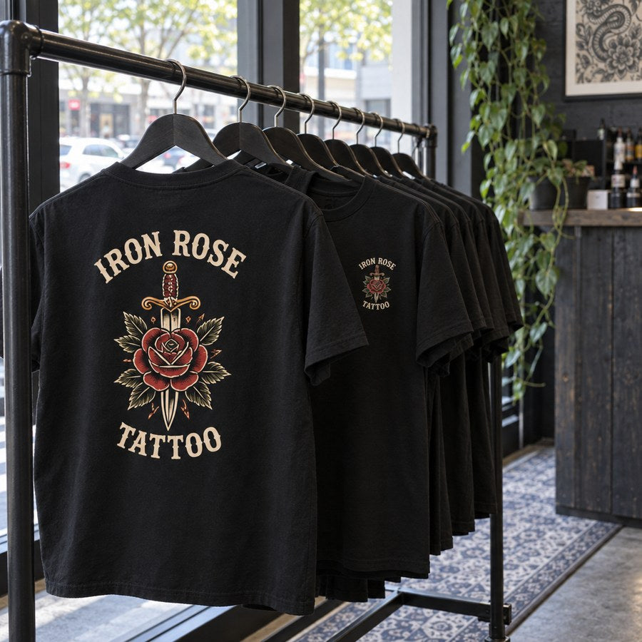 Iron Rose tees on the rail by the counter