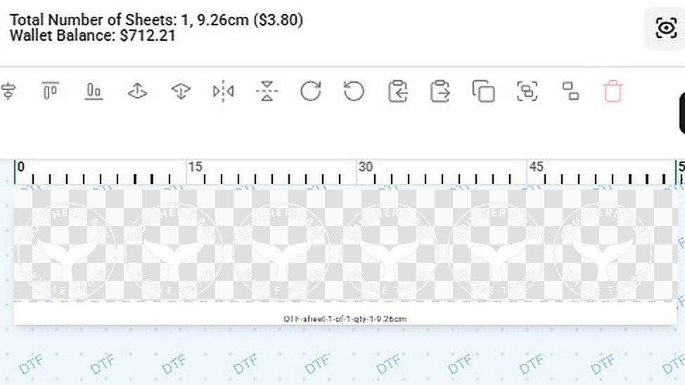 Six 9 cm whale logos in the builder: 1 sheet, 9.26 cm, $3.80