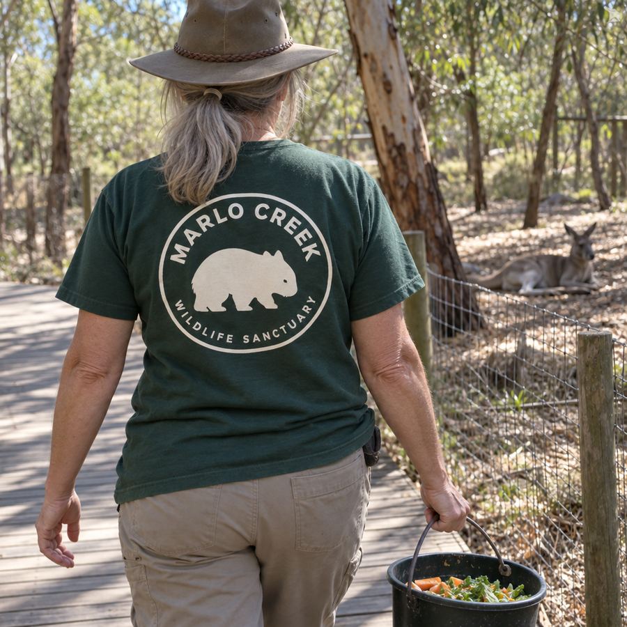 Volunteer on the boardwalk in the pressed tee