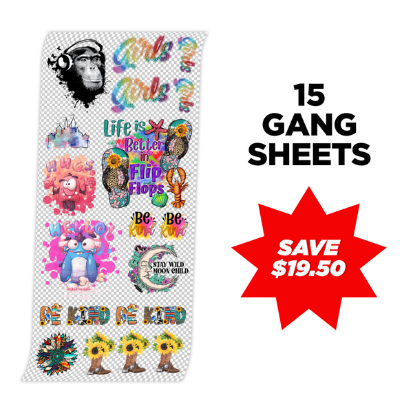 Custom DTF Heat Transfers Gang Sheet Bulk Order - 15 Gang Sheets