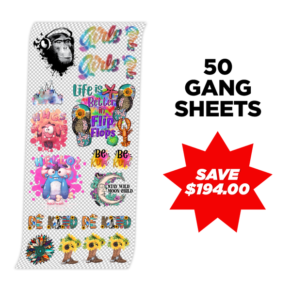 Custom DTF Heat Transfers Gang Sheet Bulk Order - 50 Gang Sheets