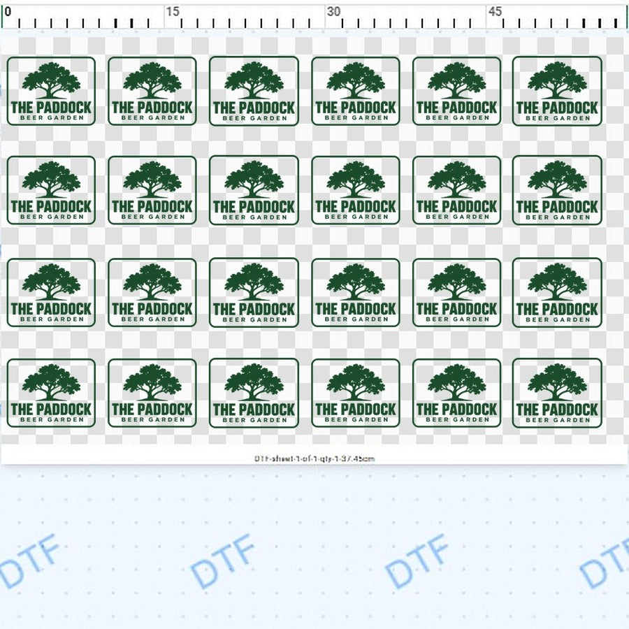 Twenty-four 9 cm pub logos laid out in the gang sheet builder, 37.45 cm of sheet