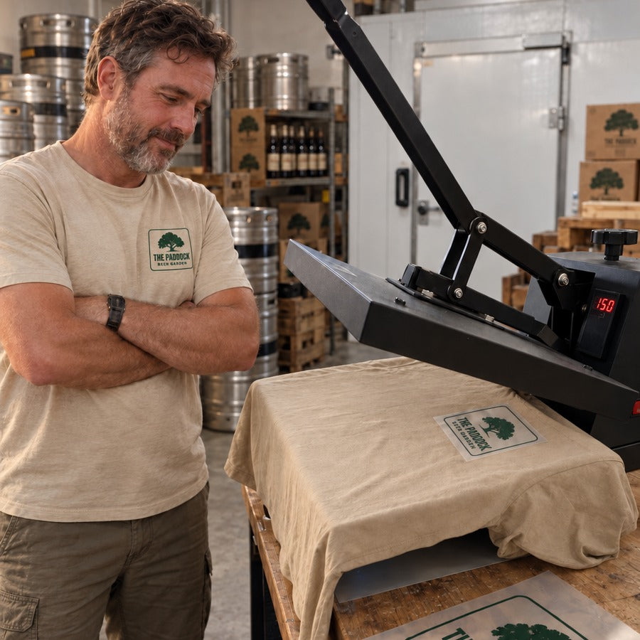 The owner at the heat press out the back of the pub, tan tee on the platen, pub logo transfer in place