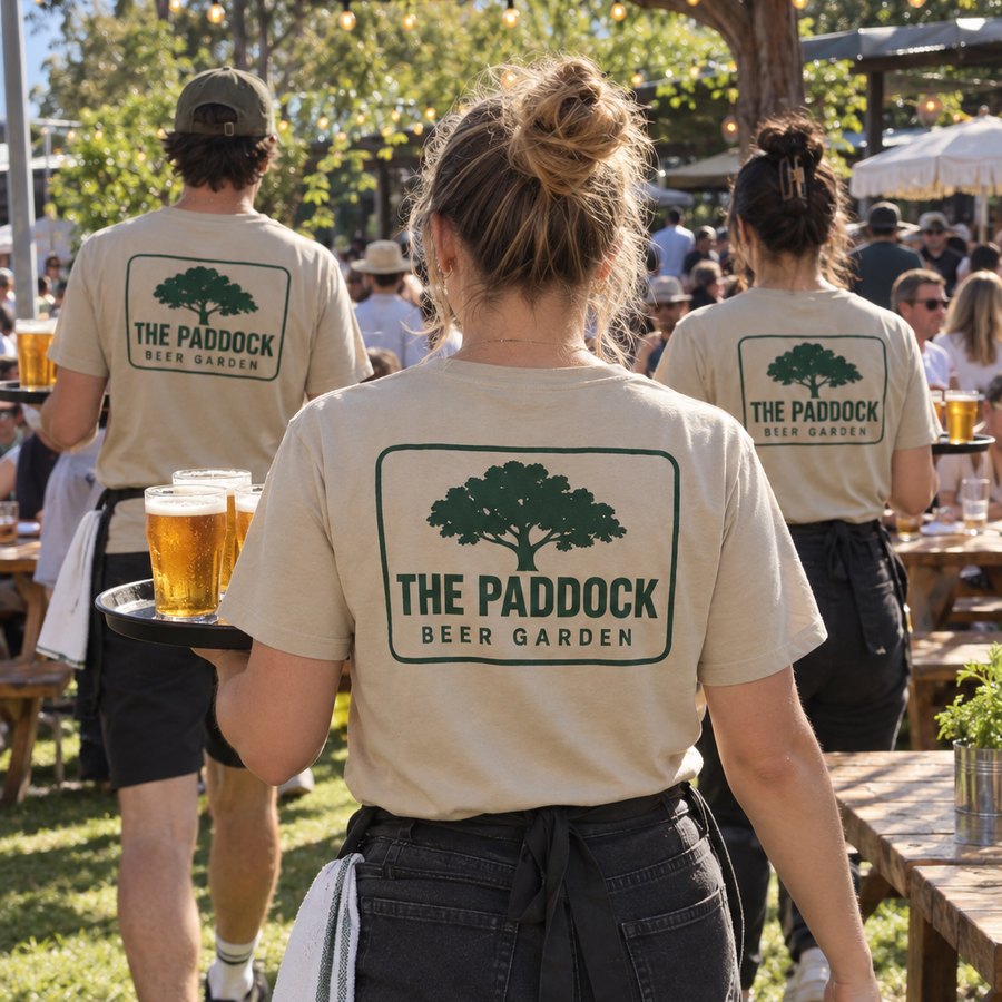 Staff carrying trays through the garden, pub logo on their backs