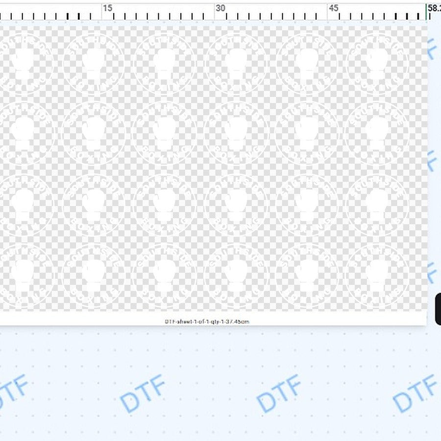 Twenty-four 9 cm gym logos laid out in the gang sheet builder, 37.45 cm of sheet