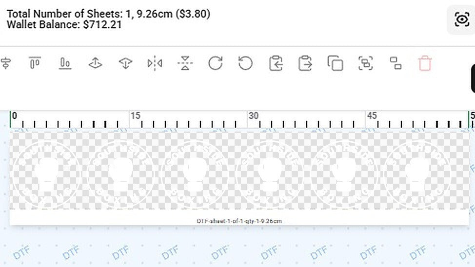 Six 9 cm gym logos in the builder: 1 sheet, 9.26 cm, $3.80