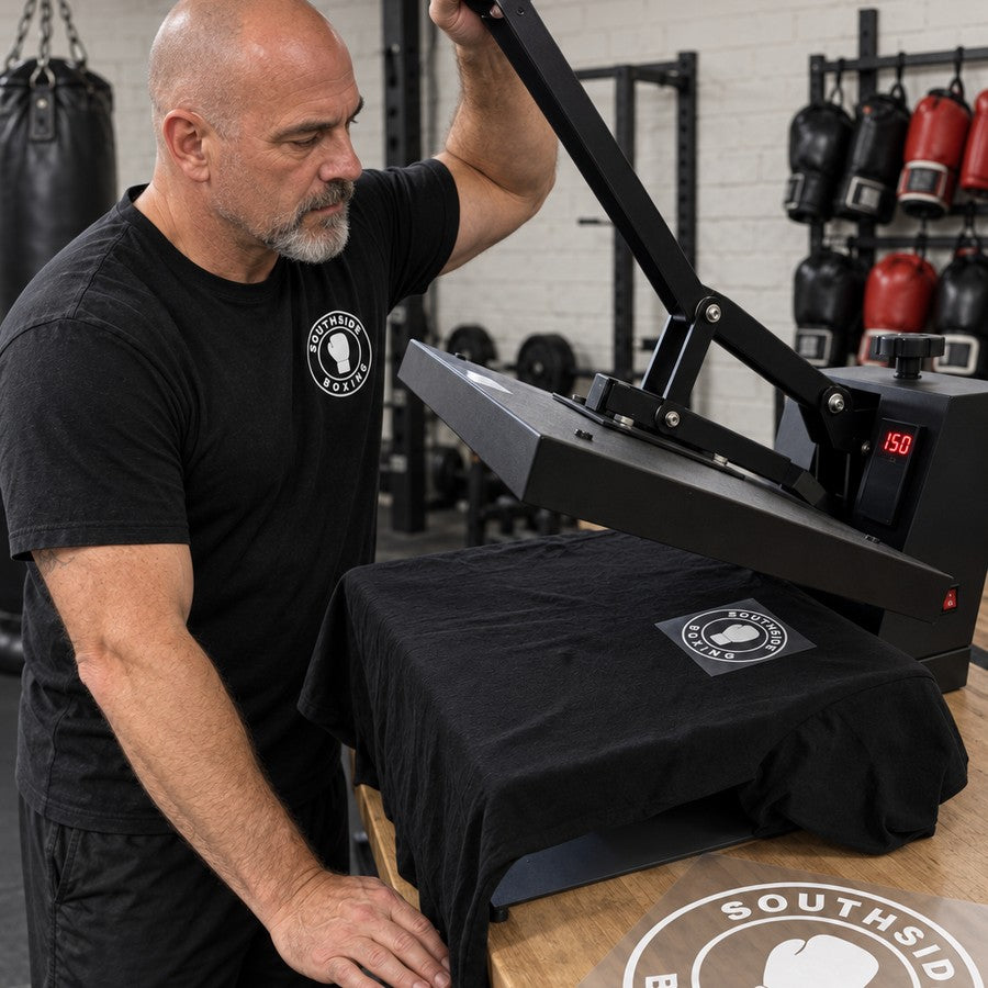 The gym owner at the heat press, black tee on the platen, gym logo transfer in place