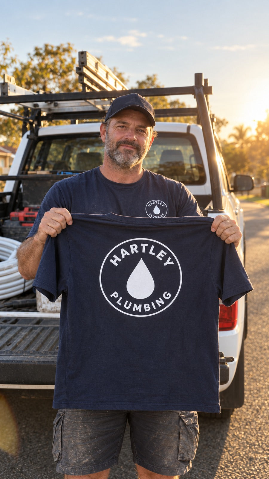 The owner holding up a navy work tee with the Hartley Plumbing logo on the back, at the ute