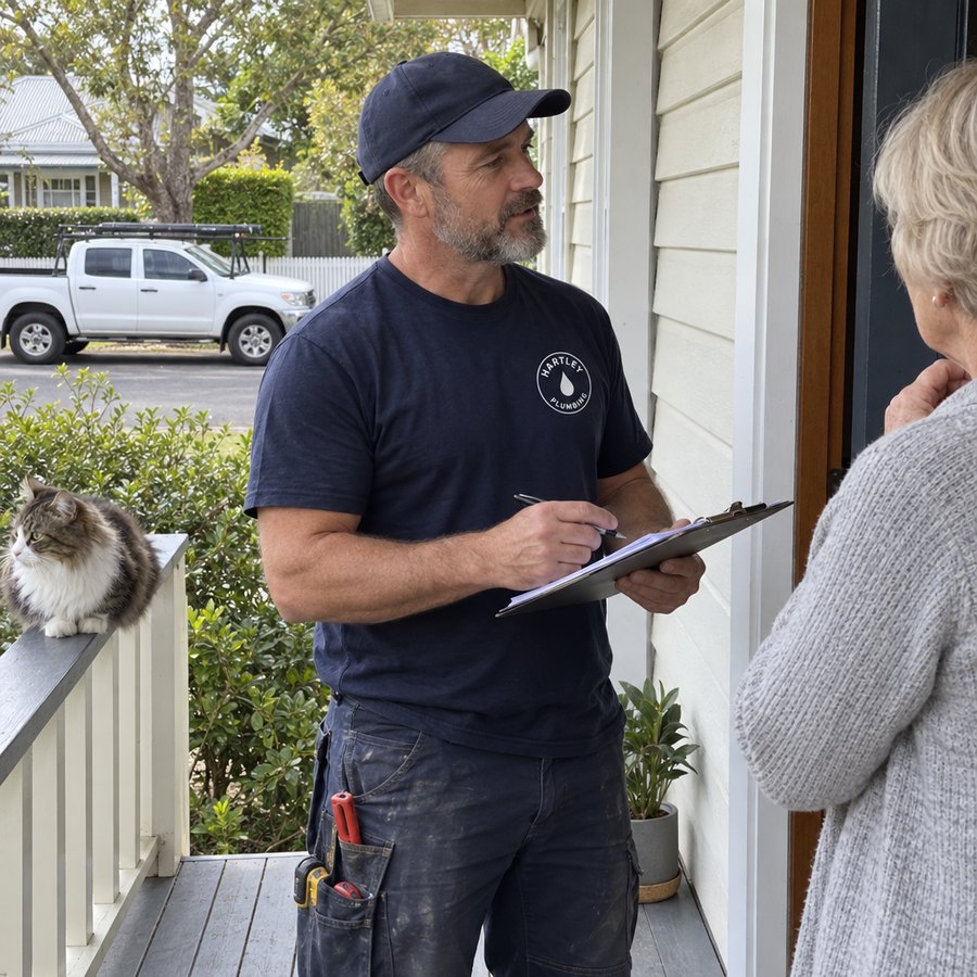 Quoting at the front door in the crew shirt