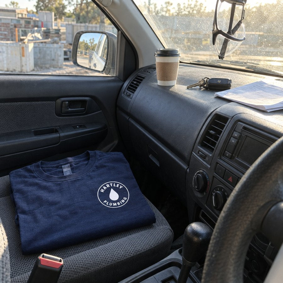 The spare crew shirt folded on the ute seat
