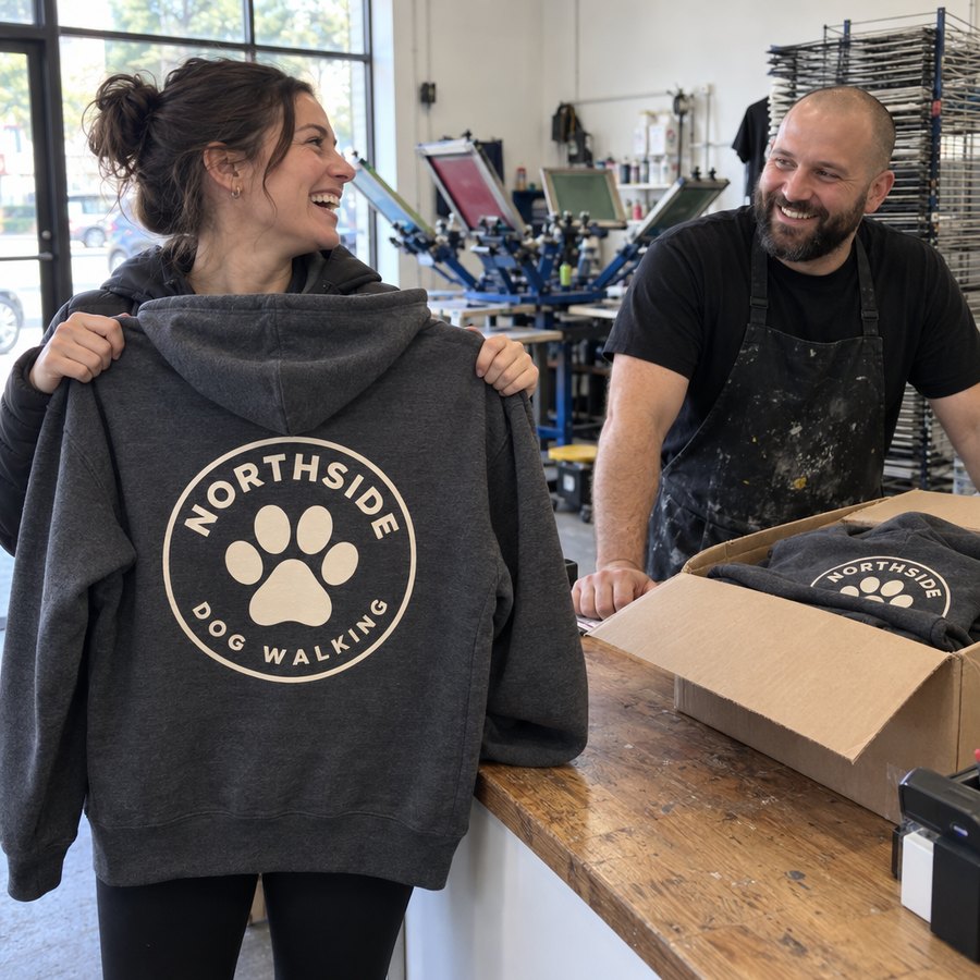 The dog walker collecting her hoodies at the counter