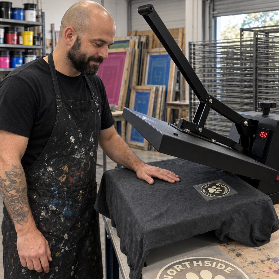 The printer at the heat press, charcoal tee on the platen, dog walker logo transfer in place