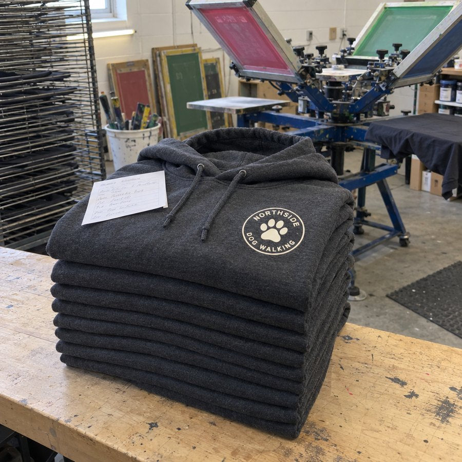 The dog walker hoodies stacked on the bench by the press