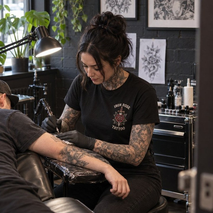 Tattoo artist at work in a tee with the studio design