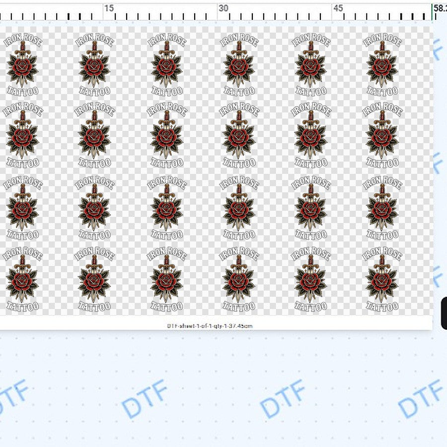 Twenty-four 9 cm designs laid out in the gang sheet builder, 37.45 cm of sheet