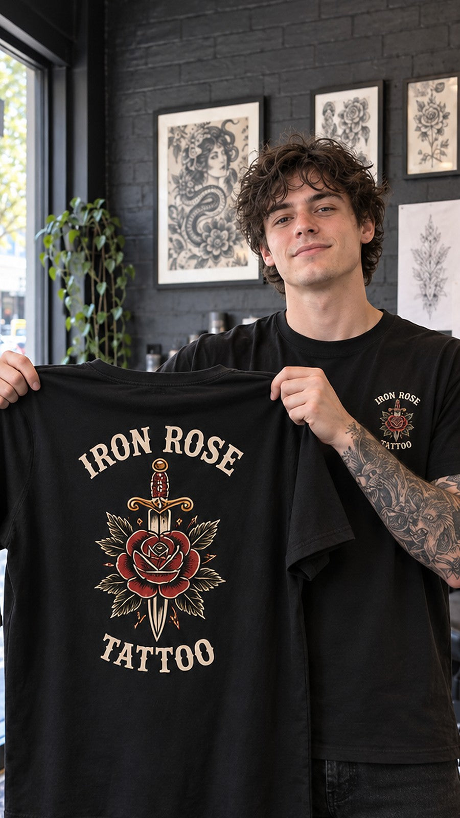 The apprentice holding up the Iron Rose tee in the studio