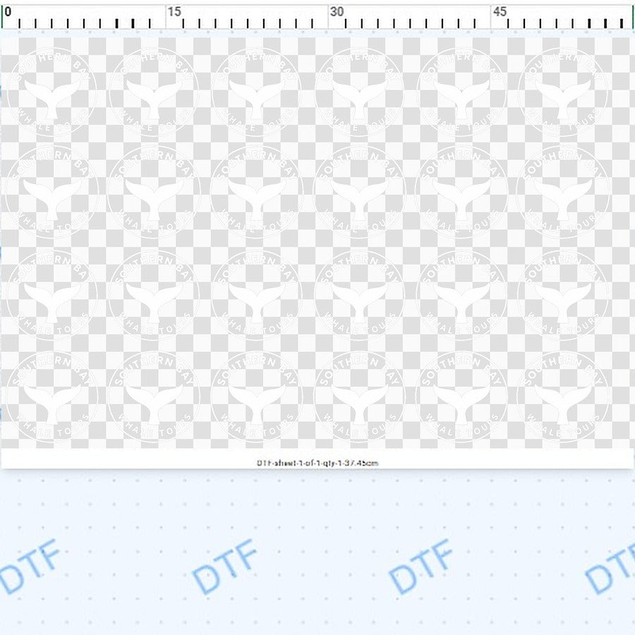 Twenty-four 9 cm whale logos laid out in the gang sheet builder, 37.45 cm of sheet