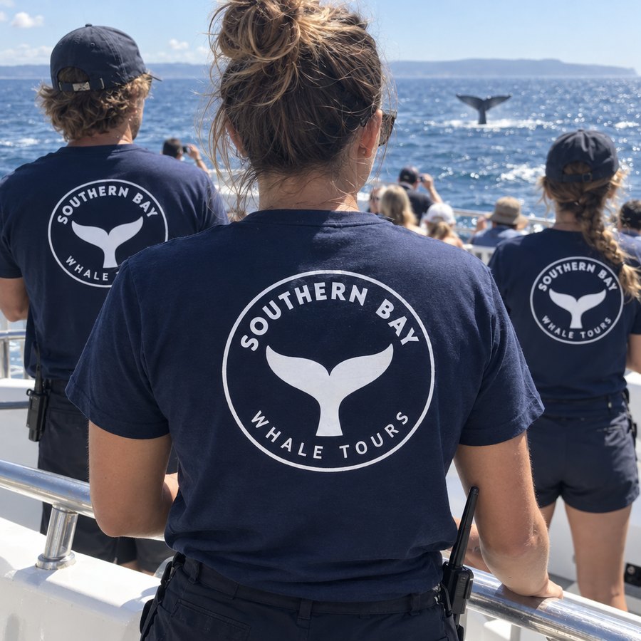 The crew on deck in matching whale tees as a whale breaches