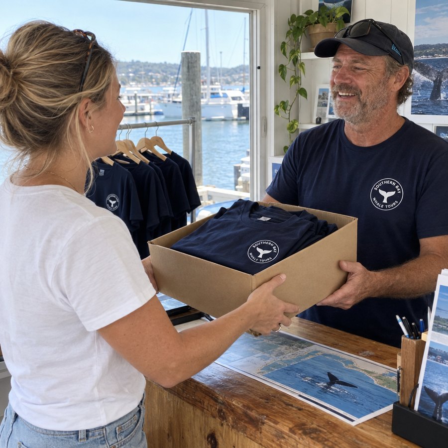The box of whale tees handed over the booking office counter